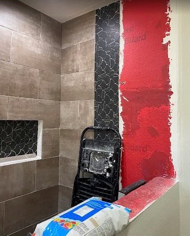 Bathroom shower waterproofing and tile progress