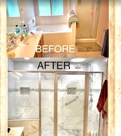 Bathroom shower transformation with marble-look tile