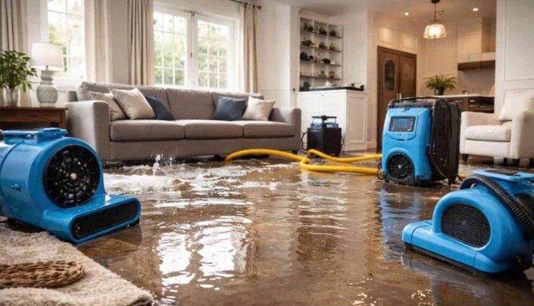 Water mitigation equipment drying a flooded Central Texas living room