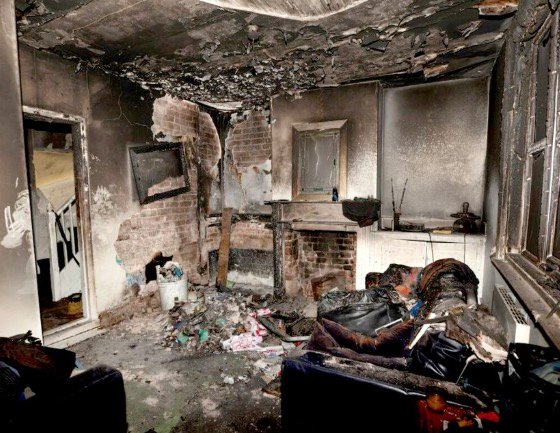 Fire and smoke damage inside a residential room
