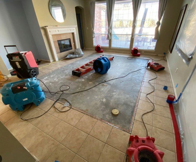 Drying equipment set up after water damage in a Central Texas home