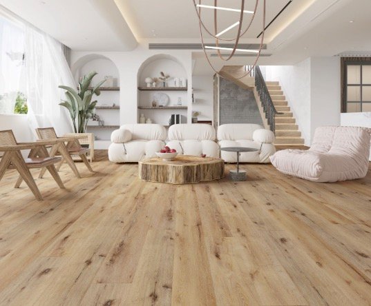 Light luxury vinyl plank flooring installed in a modern living room
