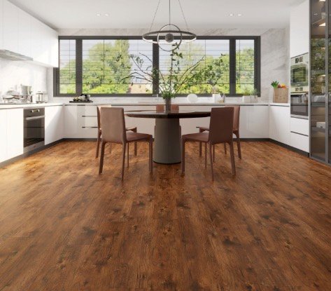 Warm wood-look LVP flooring in a modern kitchen