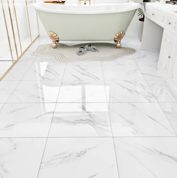 Glossy marble-look bathroom tile flooring