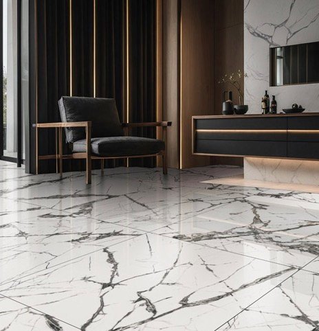 Modern marble-look tile flooring