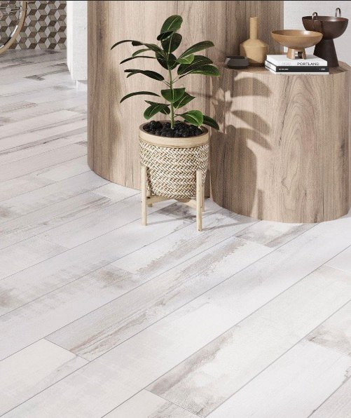 Light wood-look tile plank flooring